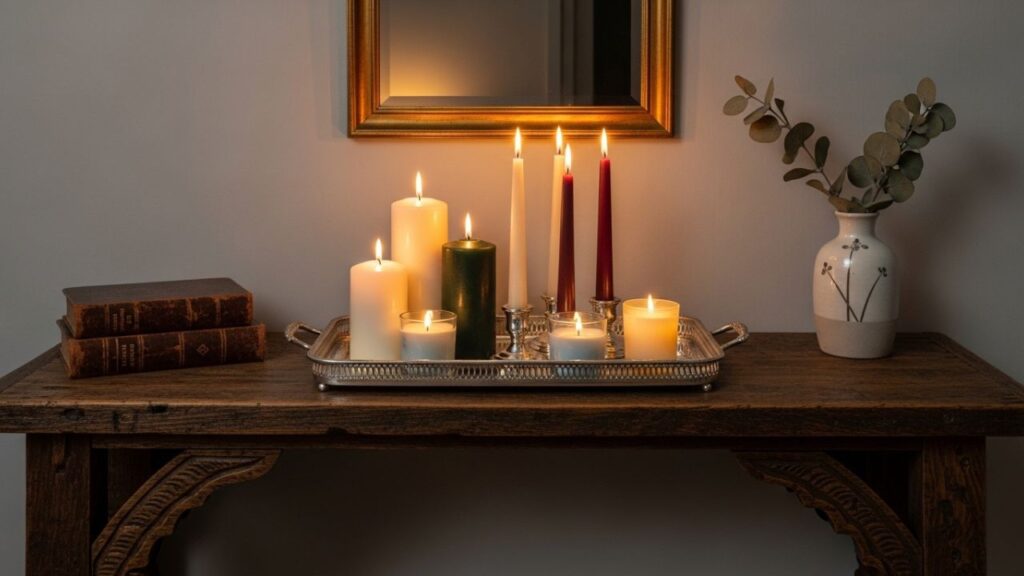 decorative candle arrangement on tray