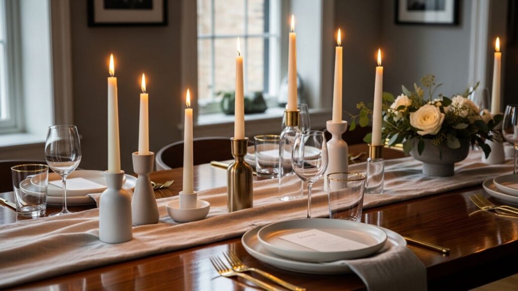 taper candles on dining table setting
