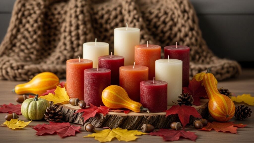 fall decorative pillar candle cluster