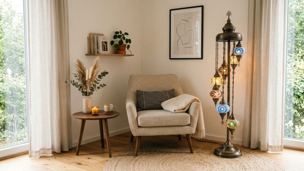 Turkish floor lamp complementing a balanced, minimal living room setup.
