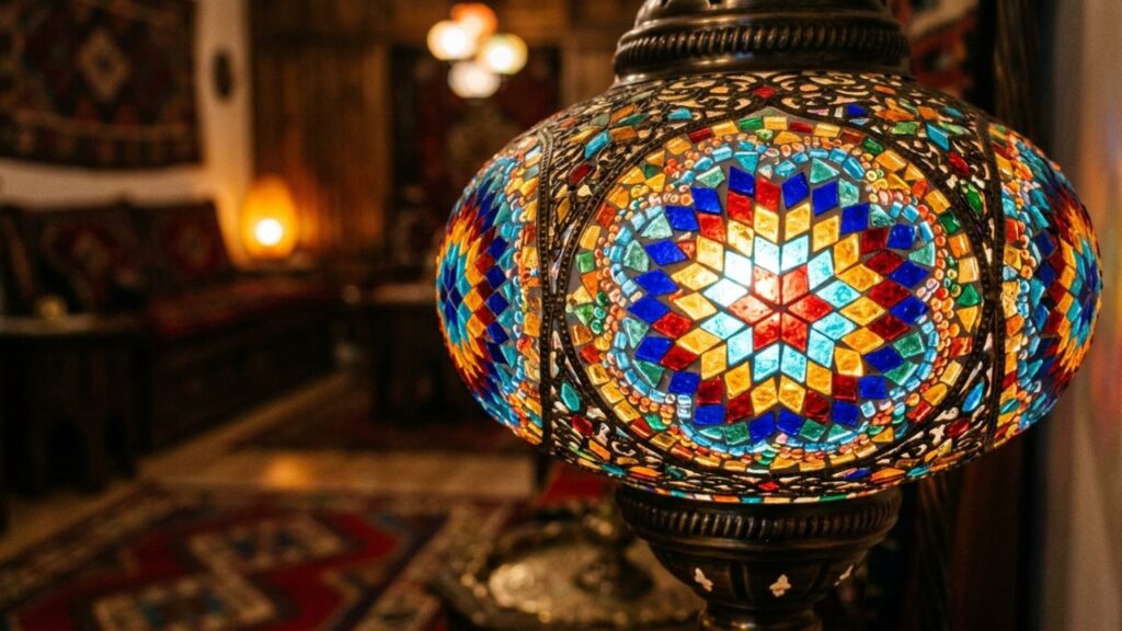 Detailed view of handcrafted mosaic glass on a Turkish floor lamp.