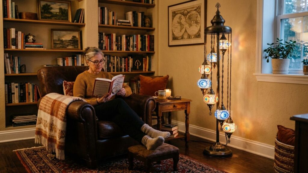 Turkish floor lamp next to a cozy armchair, creating a warm reading nook.
