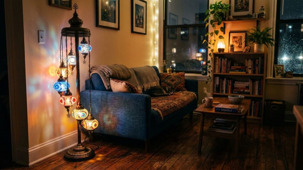 Turkish floor lamp providing warm ambient lighting in a small apartment living area.