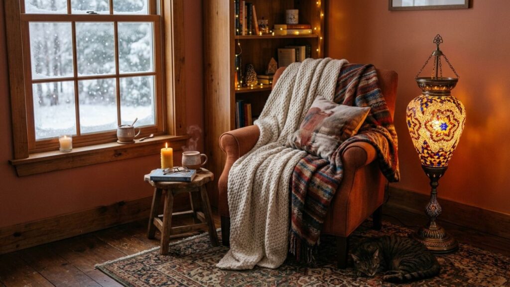 Turkish lamp glowing warmly beside a chair in a cozy winter living room.
